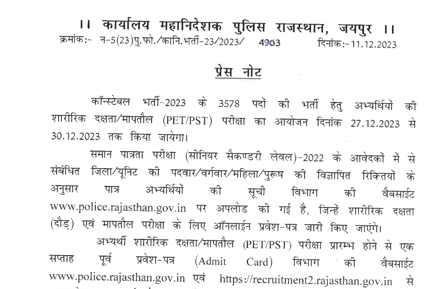 Rajasthan Police Physics Centre Date
