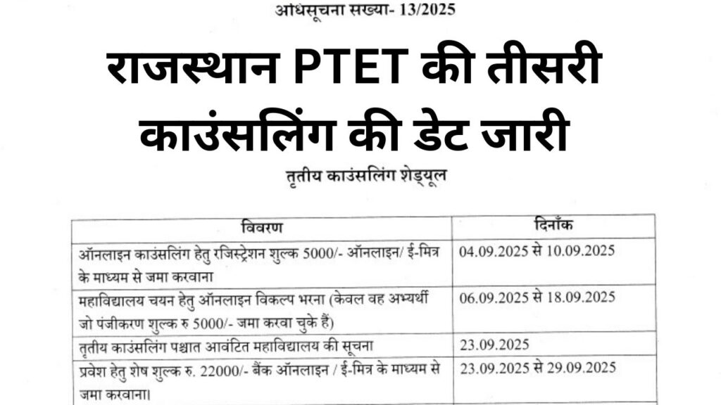 Rajasthan PTET 3rd Counseling Date 2025