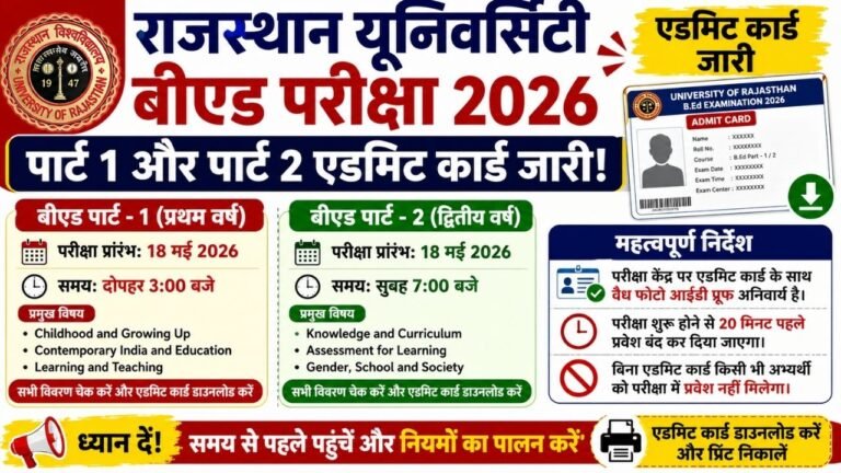 Rajasthan University BED Part 1st 2nd Admit Card 2026
