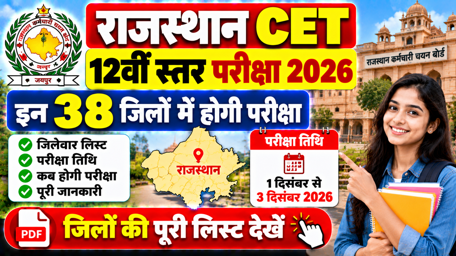 Rajasthan CET 12th Level Exam Centre District List 2026