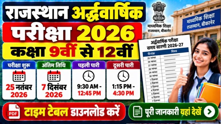 Rajasthan Half Yearly Exam Time Table 2026